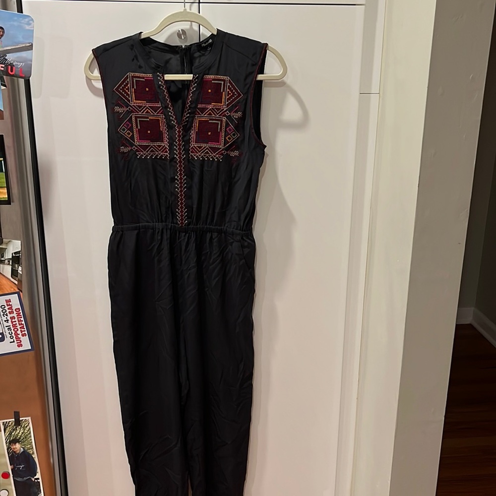 madewell black silk, embroidered sleeveless jumpsuit.  size 2